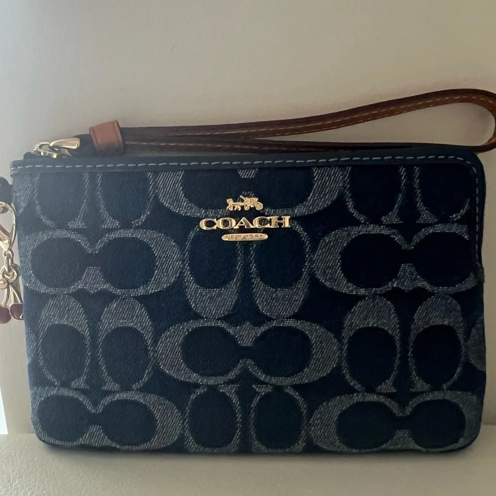 Coach Signature Denim Corner Zip Wristlet with Cherry Charm NWT
